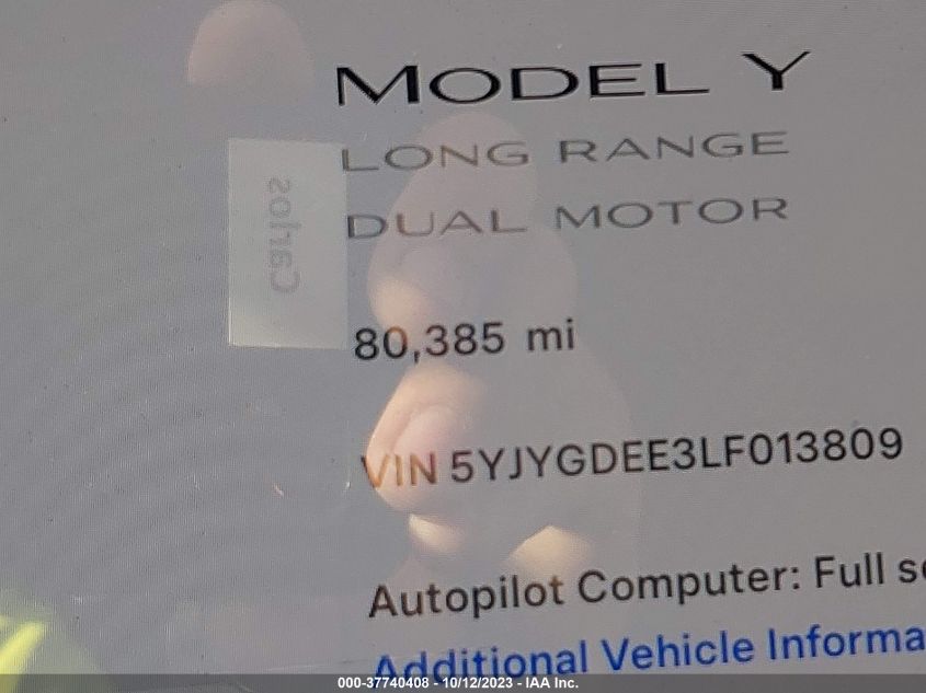 2020 TESLA MODEL Y LONG RANGE - 5YJYGDEE3LF013809