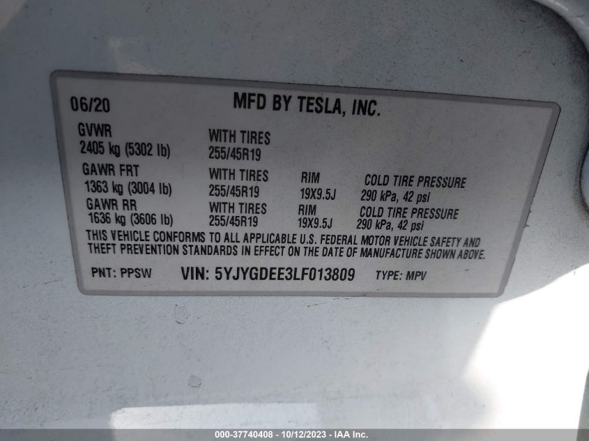 2020 TESLA MODEL Y LONG RANGE - 5YJYGDEE3LF013809