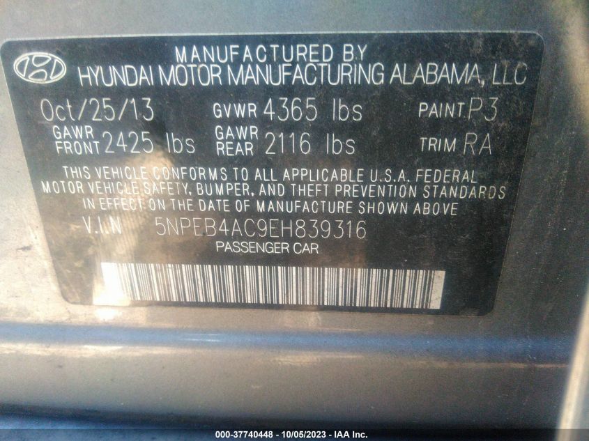 2014 HYUNDAI SONATA GLS - 5NPEB4AC9EH839316