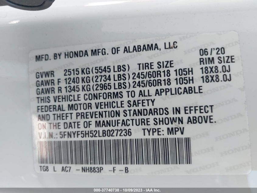 2020 HONDA PILOT EX-L - 5FNYF5H52LB027236