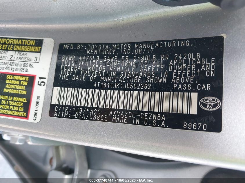 2018 TOYOTA CAMRY L/LE/XLE/SE/XSE - 4T1B11HK1JU502362