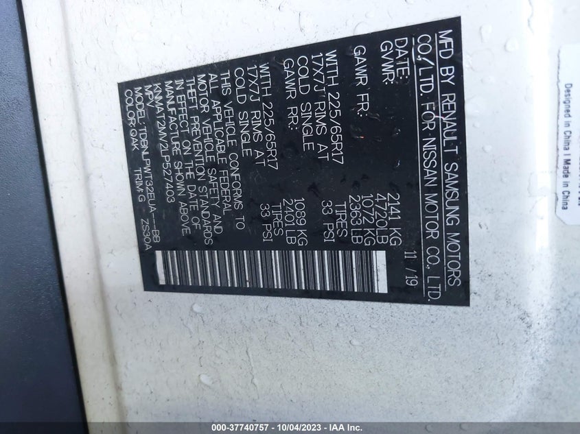 VIN KNMAT2MV2LP527403 2020 NISSAN ROGUE S/SV