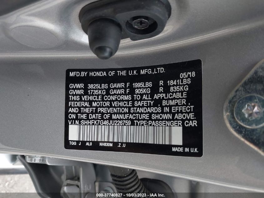 2018 HONDA CIVIC - SGGFK7G46JU226759