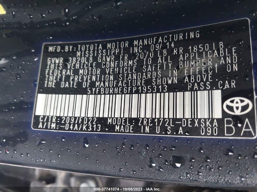 2015 TOYOTA COROLLA L/LE/LE PLS/PRM/S/S PLS - 5YFBURHE6FP195313
