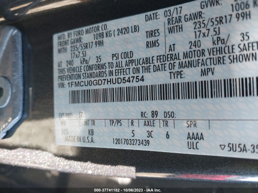 VIN 1FMCU0GD7HUD54754 2017 FORD ESCAPE SE