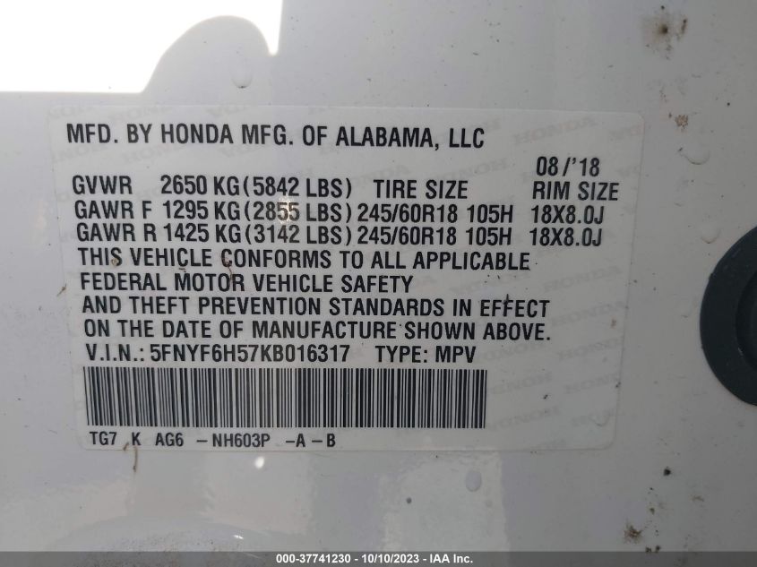 2019 HONDA PILOT EX-L - 5FNYF6H57KB016317