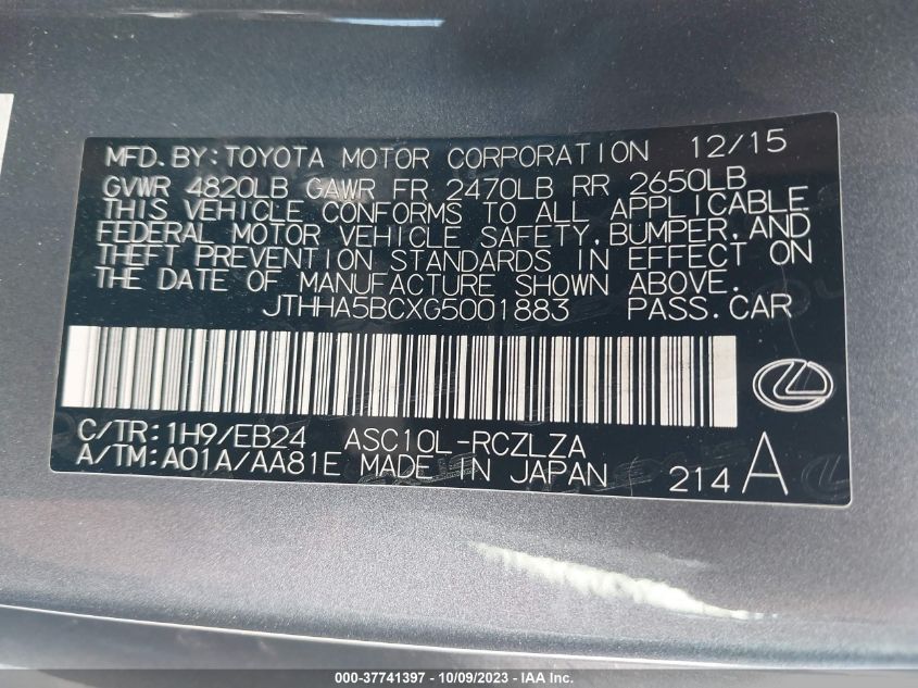 2016 LEXUS RC 200T JTHHA5BCXG5001883