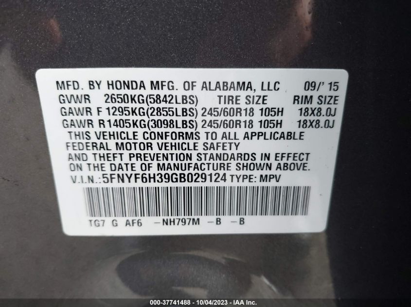 VIN 5FNYF6H39GB029124 2016 HONDA PILOT no.9