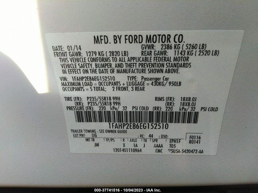 2014 FORD TAURUS SEL - 1FAHP2E86EG152510