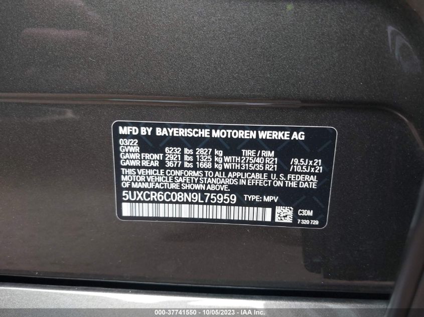 2022 BMW X5 XDRIVE40I - 5UXCR6C08N9L75959