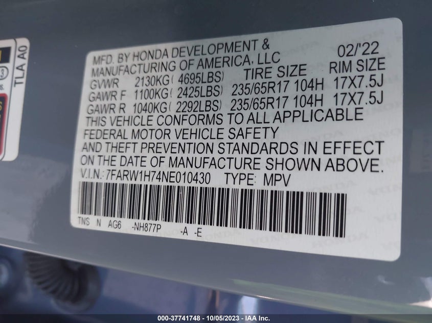 VIN 7FARW1H74NE010430 2022 HONDA CR-V SE