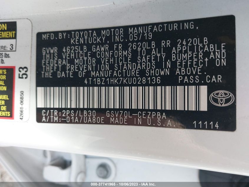2019 TOYOTA CAMRY V6 - 4T1BZ1HK7KU028136