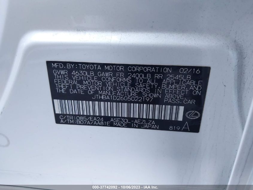 2016 LEXUS IS 200T - JTHBA1D26G5022197