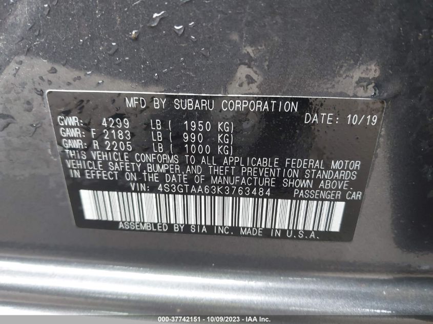 2019 SUBARU IMPREZA - 4S3GTAA63K3763484