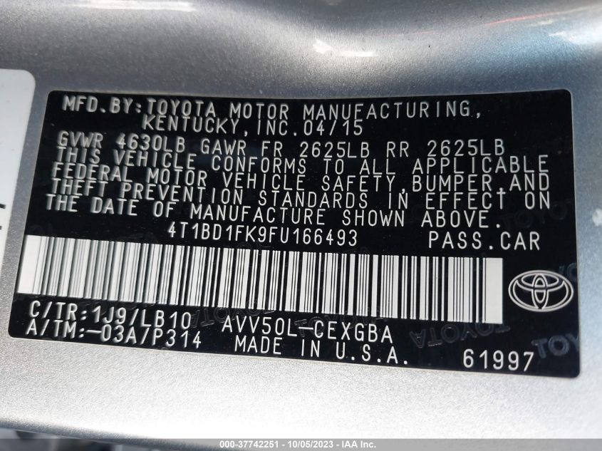 2015 TOYOTA CAMRY HYBRID LE/XLE/SE - 4T1BD1FK9FU166493