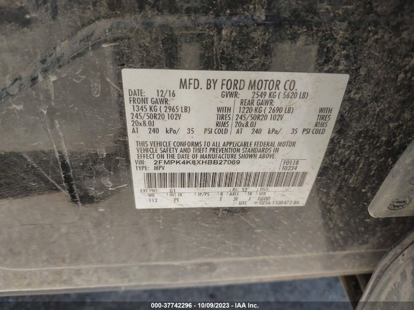VIN 2FMPK4K8XHBB27069 2017 FORD EDGE TITANIUM
