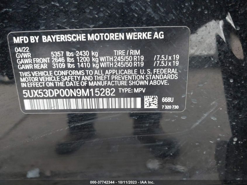 5UX53DP00N9M15282 2022 BMW X3, photo no. 9