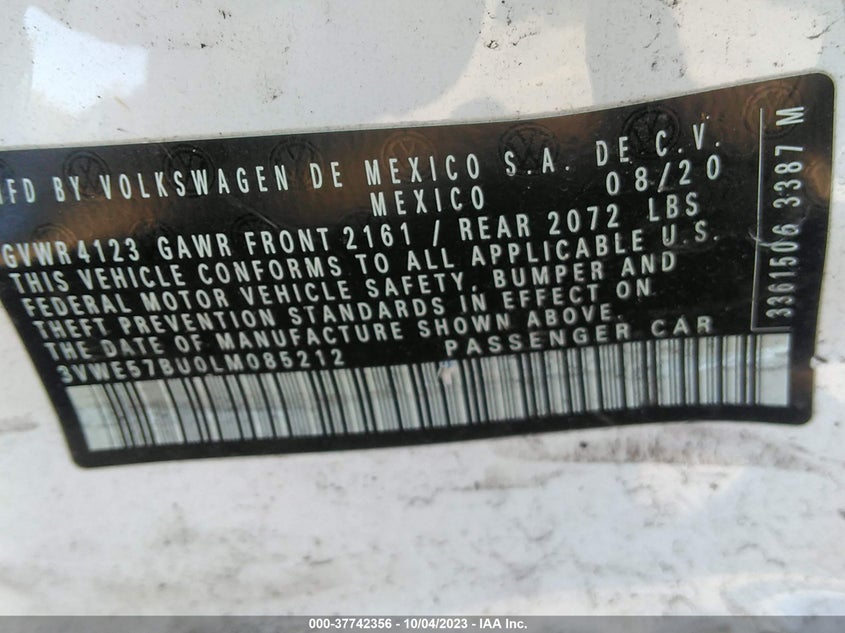 VIN 3VWE57BU0LM085212 2020 VOLKSWAGEN JETTA SEL