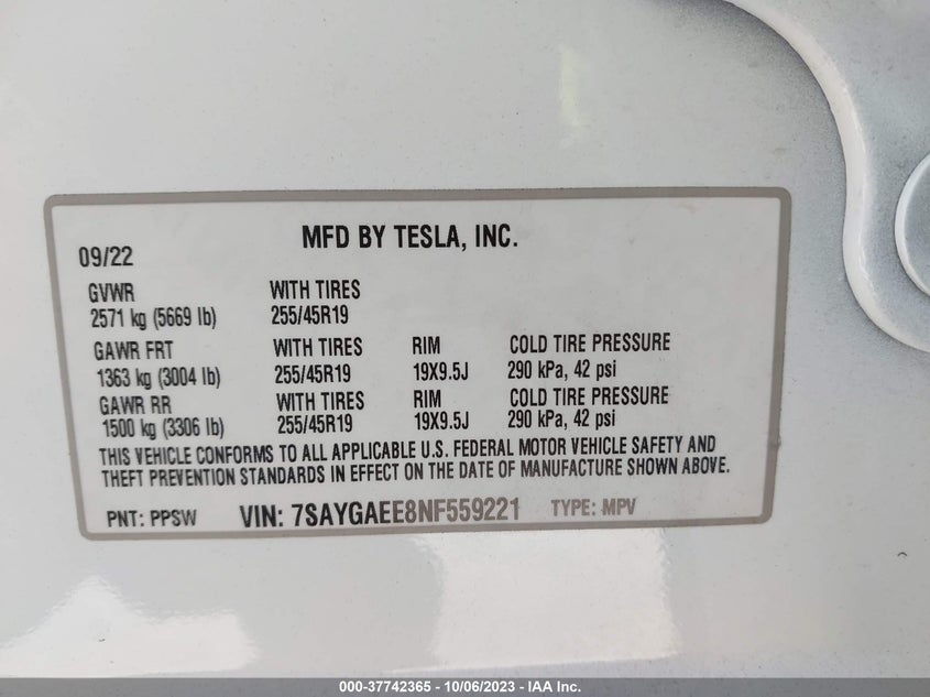 VIN 7SAYGAEE8NF559221 2022 TESLA MODEL Y LONG RANGE