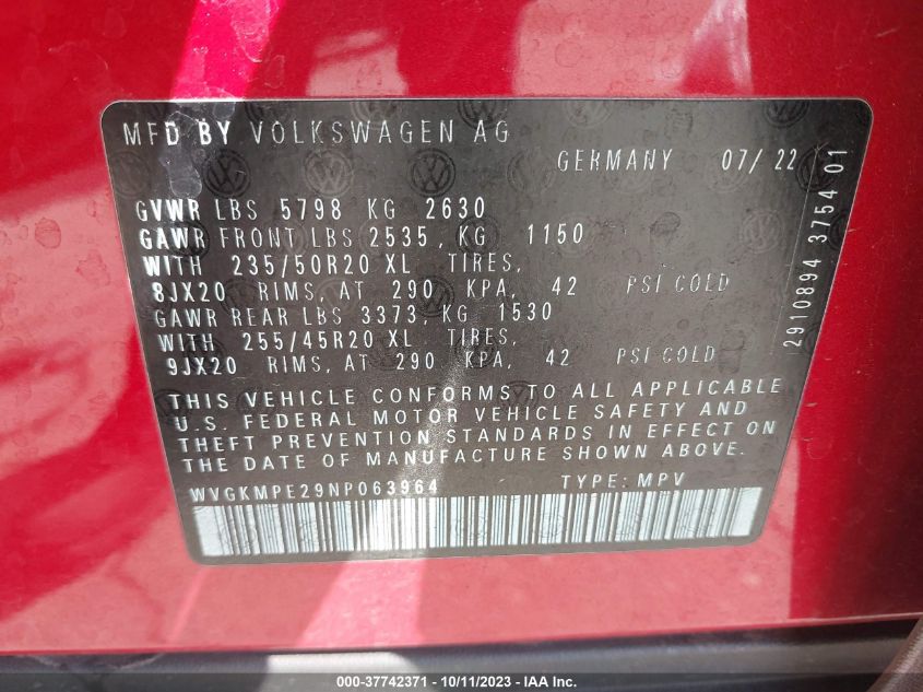 2022 VOLKSWAGEN ID.4 PRO S WVGKMPE29NP063964