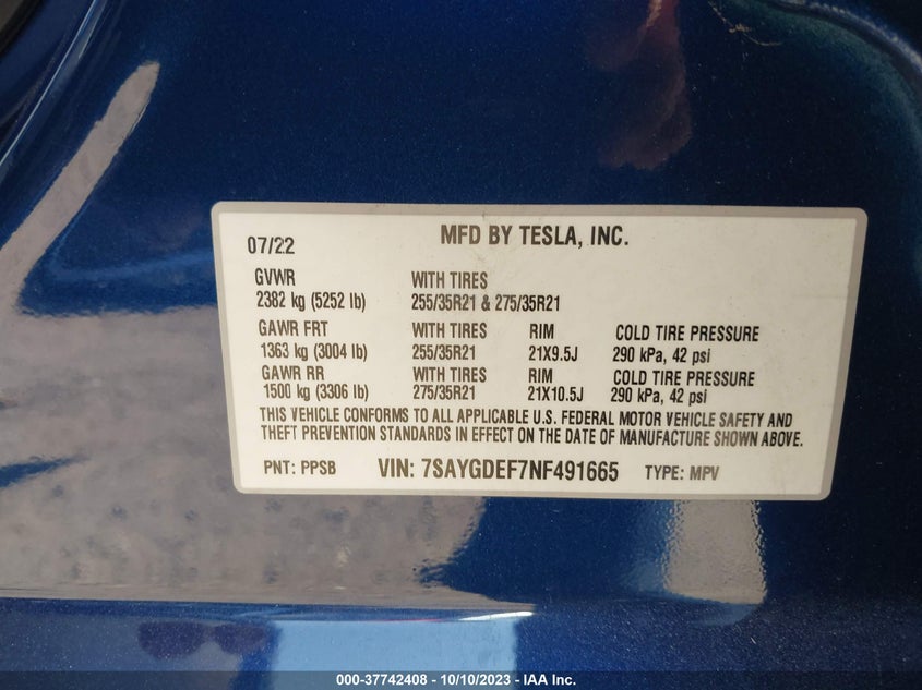 VIN 7SAYGDEF7NF491665 2022 TESLA MODEL Y PERFORMANCE