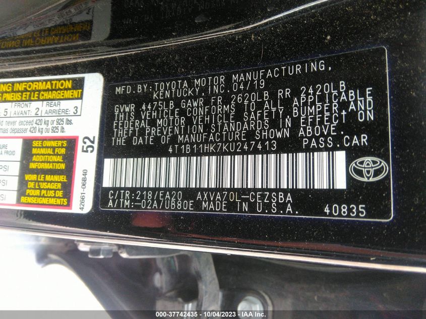 2019 TOYOTA CAMRY LE/SE/XLE/L - 4T1B11HK7KU247413