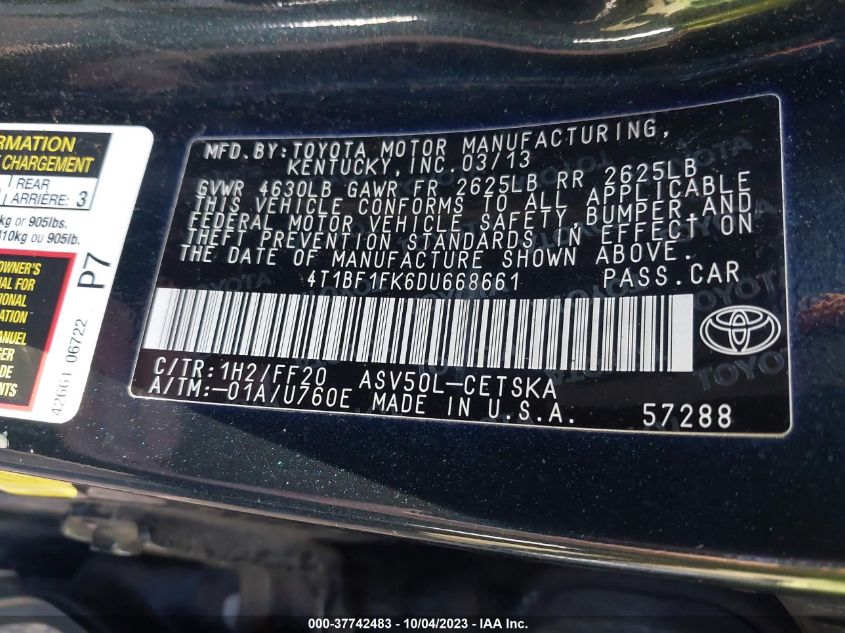 2013 TOYOTA CAMRY L/LE/SE/XLE - 4T1BF1FK6DU668661