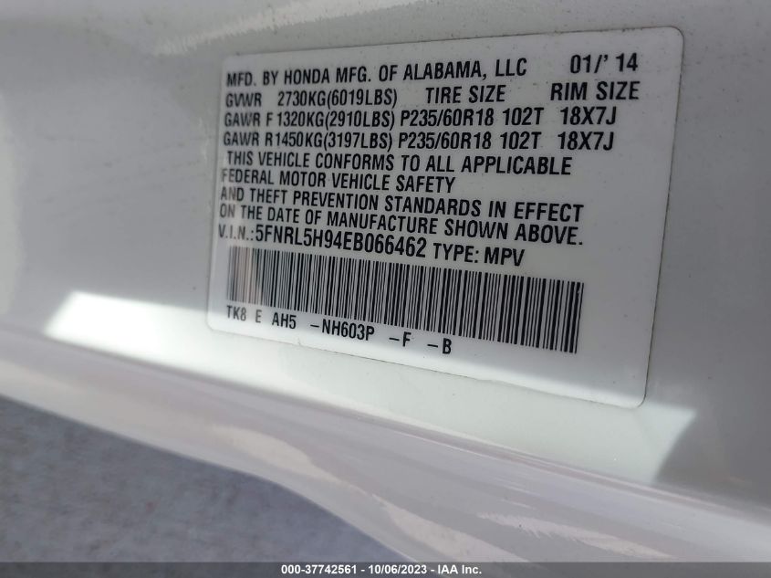 2014 HONDA ODYSSEY TOURING/TOURING ELITE 5FNRL5H94EB066462