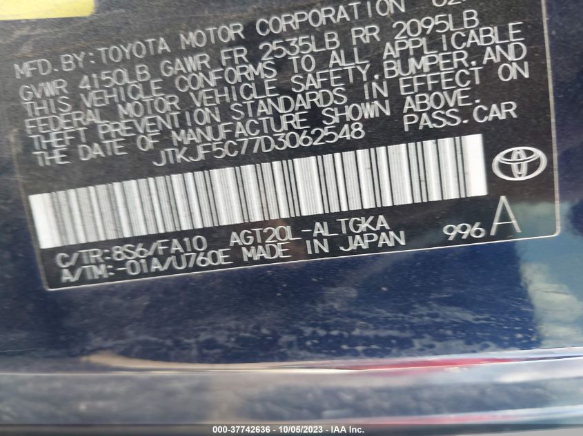 2013 TOYOTA SCION TC - JTKJF5C77D3062548