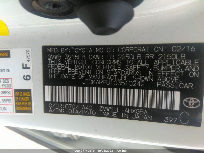 2016 TOYOTA PRIUS FOUR - JTDKARFU1G3510242