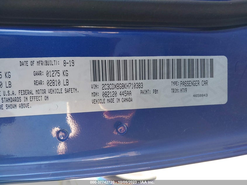 VIN 2C3CDXBG8KH710383 2019 DODGE CHARGER SXT