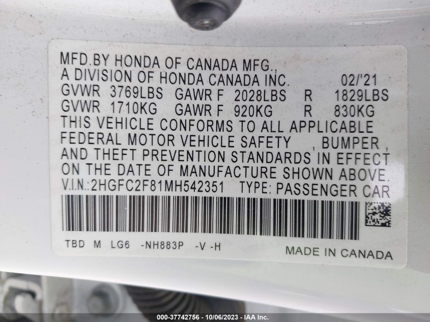 2021 HONDA CIVIC SEDAN SPORT - 2HGFC2F81MH542351