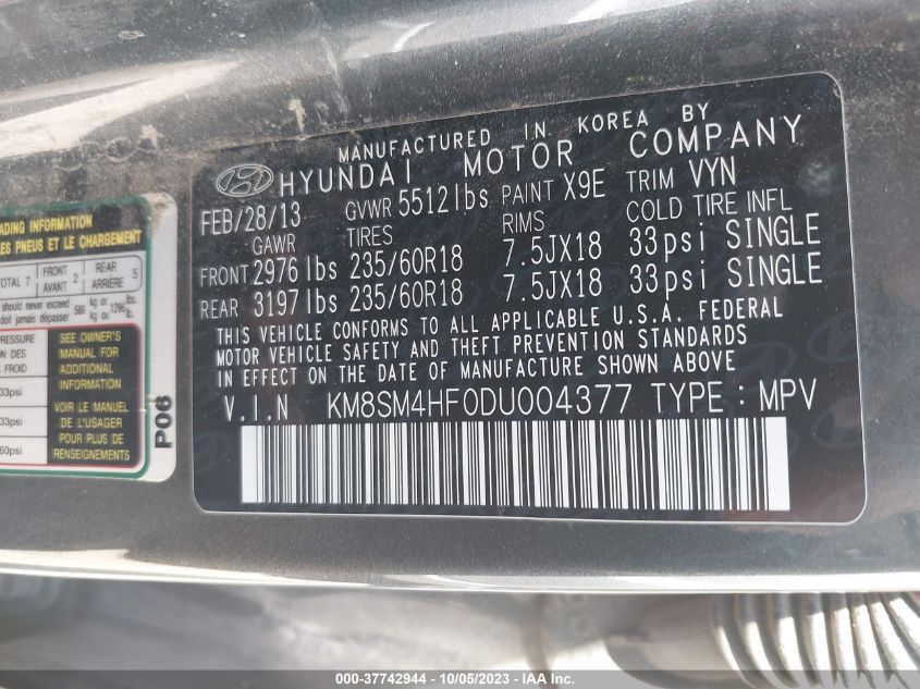 2013 HYUNDAI SANTA FE GLS/LIMITED - KM8SM4HF0DU004377