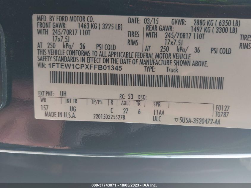 2015 FORD F-150 XL/LARIAT/XLT - 1FTEW1CPXFFB01345
