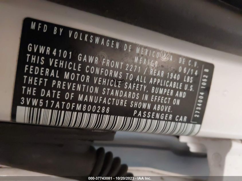 2015 VOLKSWAGEN BEETLE CONVERTIBLE 1.8T 3VW517AT0FM800286