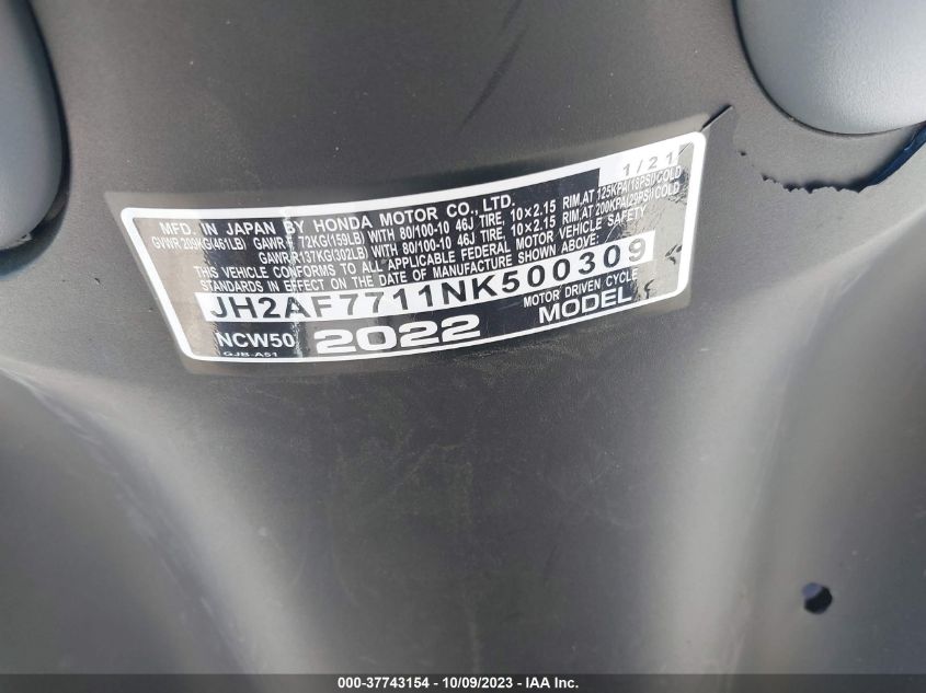 2022 HONDA NCW50 JH2AF7711NK500309
