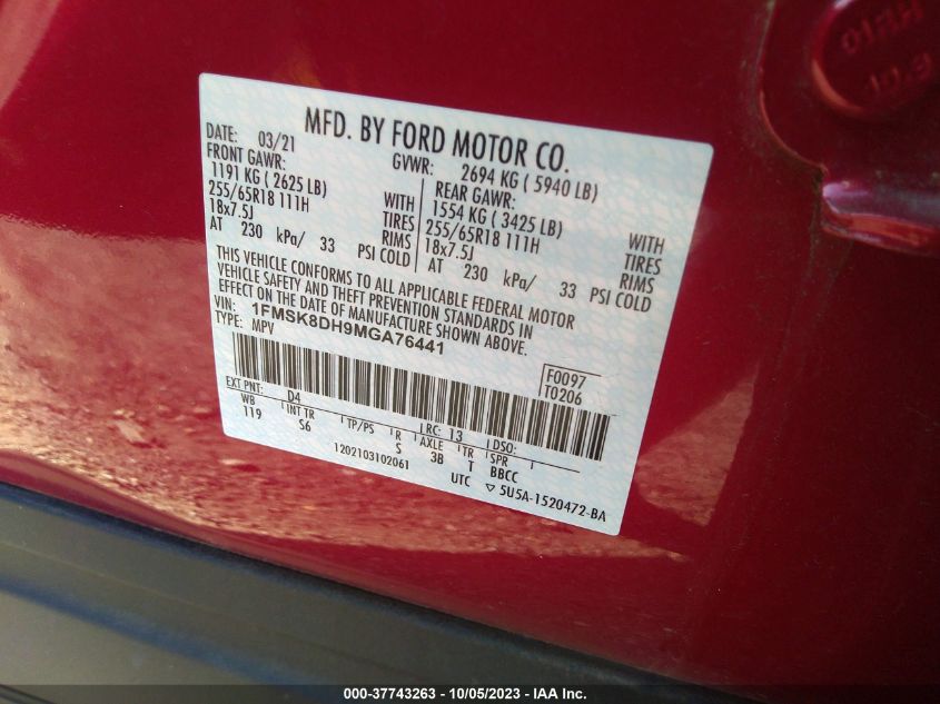 2021 FORD EXPLORER XLT - 1FMSK8DH9MGA76441