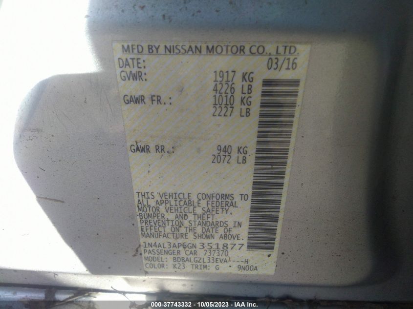 2016 NISSAN ALTIMA 2.5 S - 1N4AL3AP6GN351877