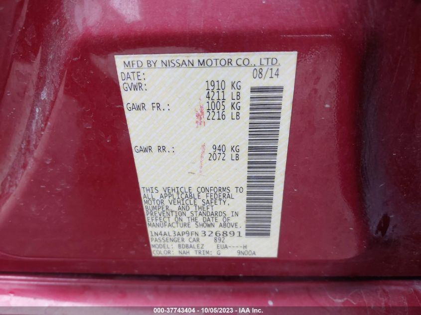 2015 NISSAN ALTIMA 2.5 S - 1N4AL3AP9FN326891