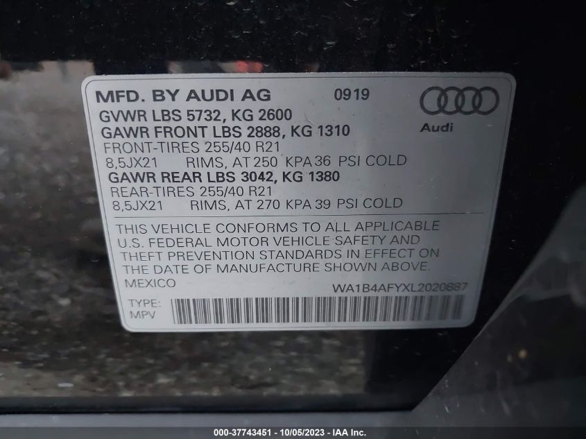 WA1B4AFYXL2020887 2020 AUDI SQ5, photo no. 9