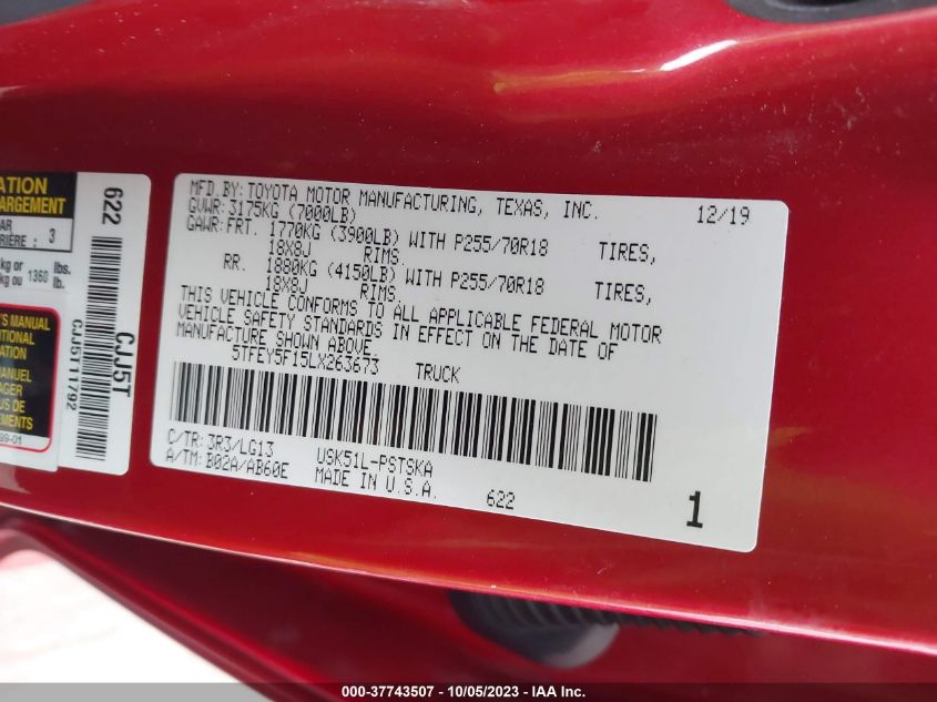 2020 TOYOTA TUNDRA 2WD SR5 5TFEY5F15LX263673