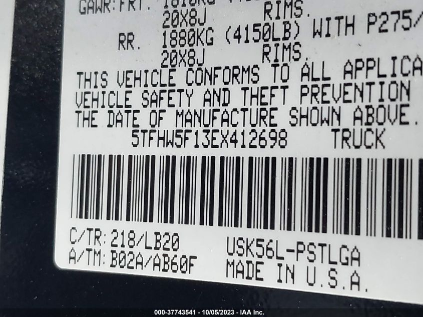 2014 TOYOTA TUNDRA 4WD TRUCK LTD 5TFHW5F13EX412698