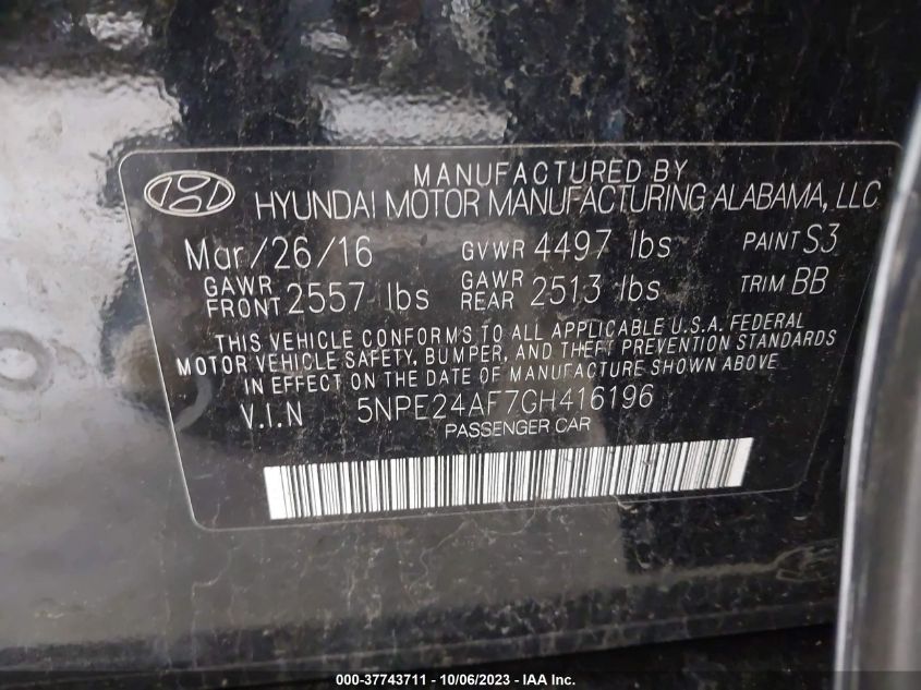 2016 HYUNDAI SONATA 2.4L SE - 5NPE24AF7GH416196