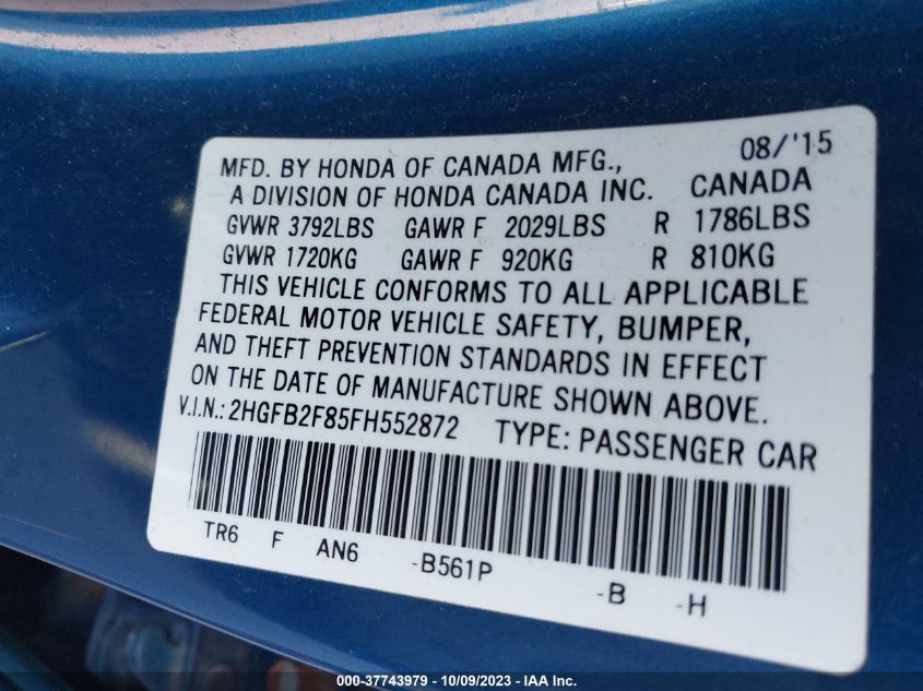 2015 HONDA CIVIC SEDAN EX - 2HGFB2F85FH552872