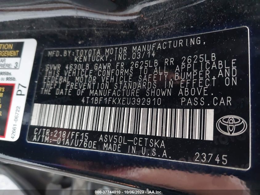 2014 TOYOTA CAMRY L/LE/XLE/SE/SE SPORT - 4T1BF1FKXEU392910