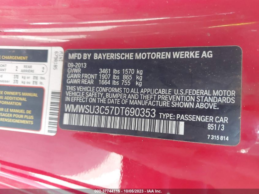 2013 MINI COOPER HARDTOP WMWSU3C57DT690353