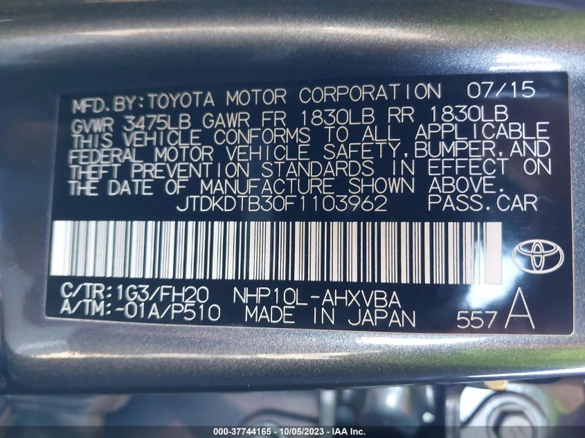 2015 TOYOTA PRIUS C ONE/TWO/THREE/FOUR - JTDKDTB30F1103962
