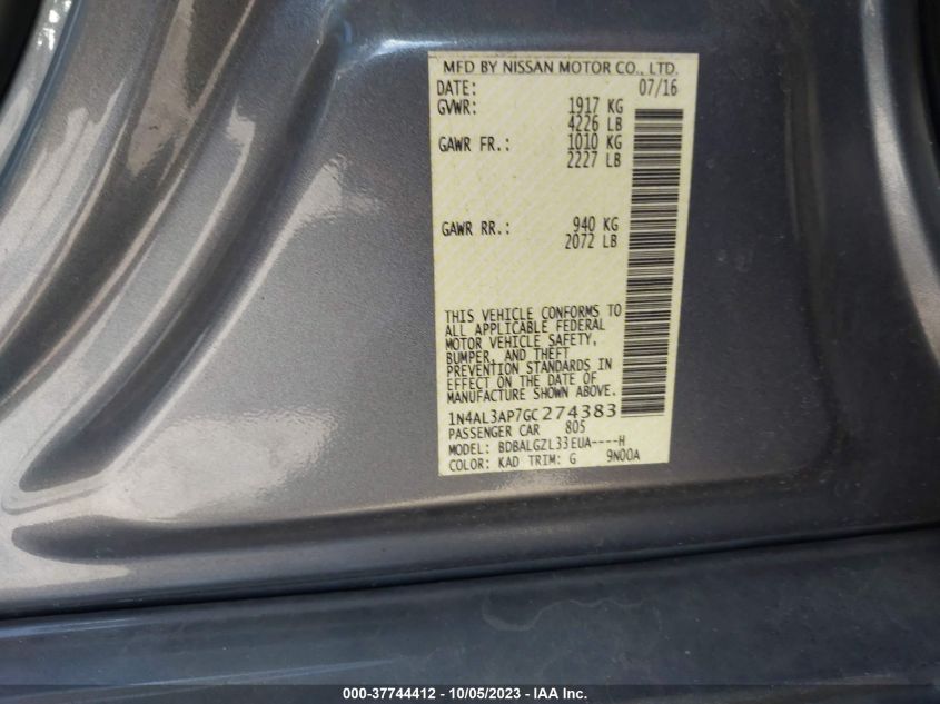 2016 NISSAN ALTIMA 2.5/S/SV/SL/SR - 1N4AL3AP7GC274383