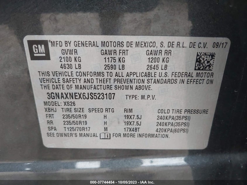 VIN 3GNAXNEX6JS523107 2018 CHEVROLET EQUINOX PREMIER
