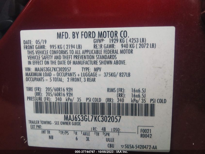 2019 FORD ECOSPORT SE - MAJ6S3GL7KC302057